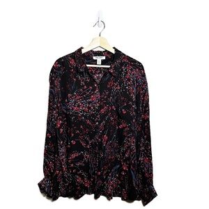 Nine West Black Floral Button Down Blouse